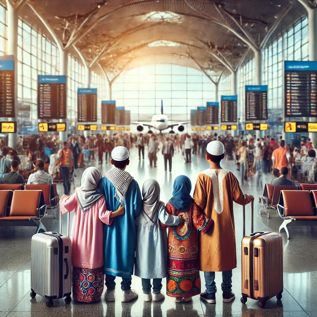 Une famille d'enfants prête à embarquer, face au tableau des départs de l'aéroport pour 9 destinations Polyglot why not