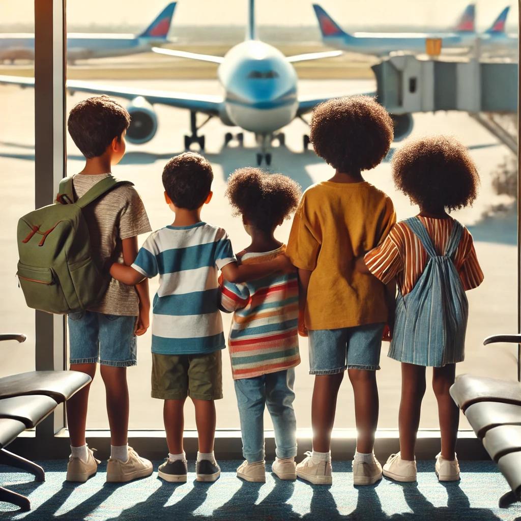 Cinq enfants côte à côte face à la baie vitrée d'un aéroport, observent un avion sur le tarmac, prêts à découvrir le monde
